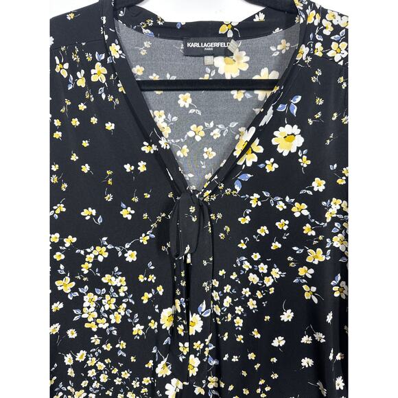 Karl Lagerfeld Paris Floral 3/4 Sleeve Blouse Cut Out Tie Neck Black Yellow 2X - Picture 2 of 10
